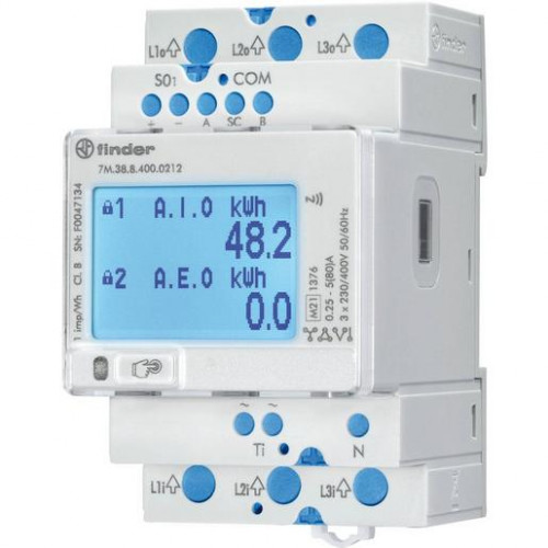 Finder Multifunktionaler Dreiphasen-Energiezähler, bidirektional bis 80A LCD-Anzeige 7M.38.8.400.0212