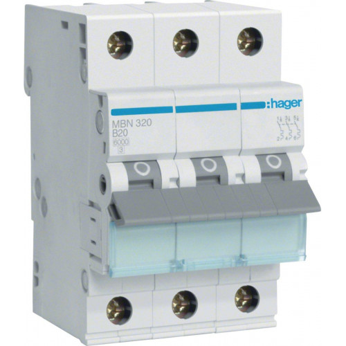 Hager LS-Schalter 3-polig 6kA B-Charakteristik 20A MBN320