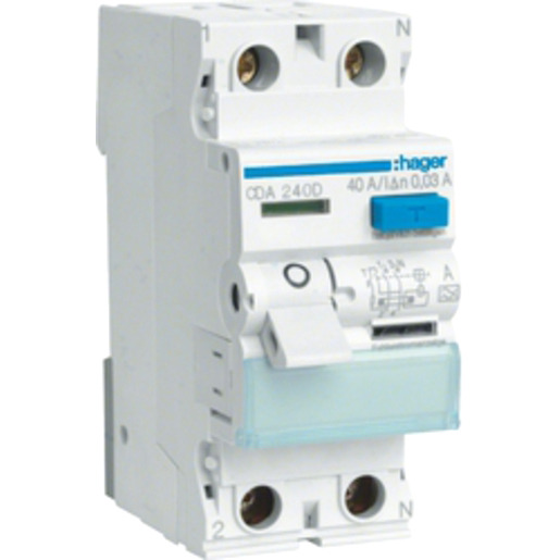 Hager FI-Schutzschalter 2-polig 40A 30mA Typ-A CDA240D Hager FI-Schutzschalter 2-polig 40A 30mA Typ-A CDA240D