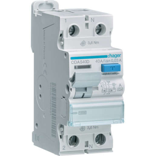 Hager FI-Schutzschalter 2-polig 40A 30mA Typ-A CDA540D Hager FI-Schutzschalter 2-polig 40A 30mA Typ-A CDA540D