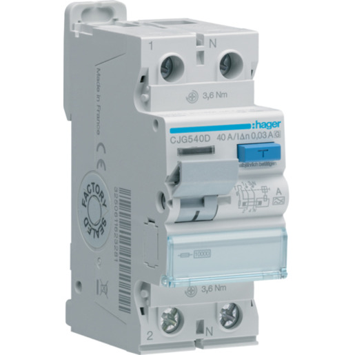 Hager FI-Schutzschalter 2-polig 40A 30mA Typ-A/G CJG540D Hager FI-Schutzschalter 2-polig 40A 30mA Typ-A/G CJG540D