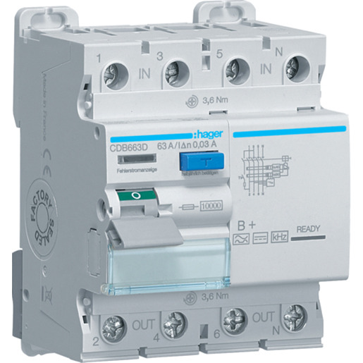 Hager FI-Schutzschalter 4-polig 63A 30mA Typ B+ CDB663D Hager FI-Schutzschalter 4-polig 63A 30mA Typ B+ CDB663D