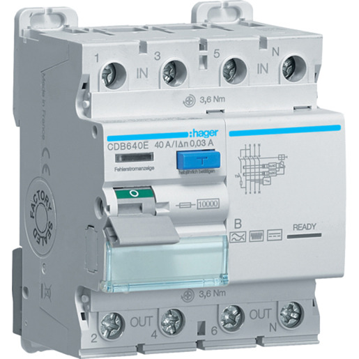 Hager FI-Schutzschalter 4-polig 40A 30mA Typ B CDB640E Hager FI-Schutzschalter 4-polig 40A 30mA Typ B CDB640E