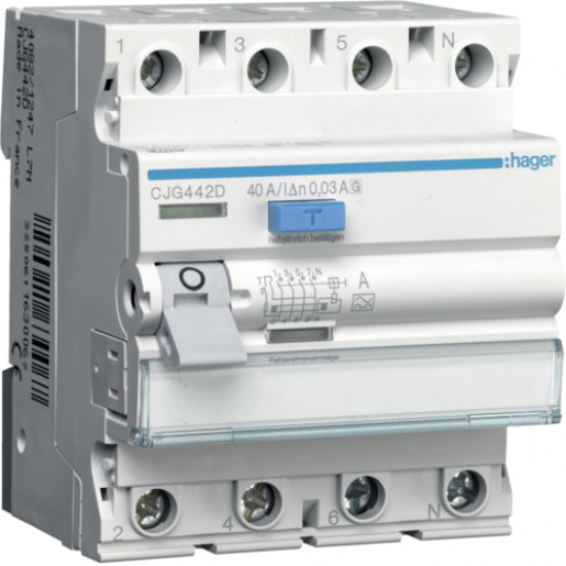 Hager FI-Schutzschalter 4-polig 40A 30mA Typ-A/G/TK L1-N CJG442D Hager FI-Schutzschalter 4-polig 40A 30mA Typ-A/G/TK L1-N CJG442D