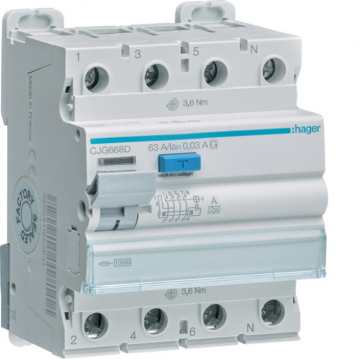 Hager FI-Schutzschalter 4-polig 63A 30mA Typ-A/G/TP CJG668D Hager FI-Schutzschalter 4-polig 63A 30mA Typ-A/G/TP CJG668D