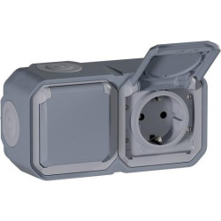 Legrand Plexo New Feuchtraum-AP Vorverdrahtete horizontale 2-fach Schuko-Steckdose Steckklemmen Grau