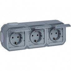 Legrand Plexo New Feuchtraum-AP Vorverdrahtete horizontale 3-fach Schuko-Steckdose Steckklemmen Grau