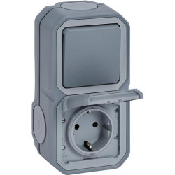 Legrand Plexo New Aufputz Schuko-Steckdose+Wechselschalter horiz. u. vertikal. Steckklemmen IP55 grau