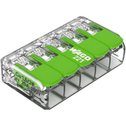 Wago Verbindungsklemme mit Hebeln Green Range 5-Leiter max. 4 mm² transparent 221-425